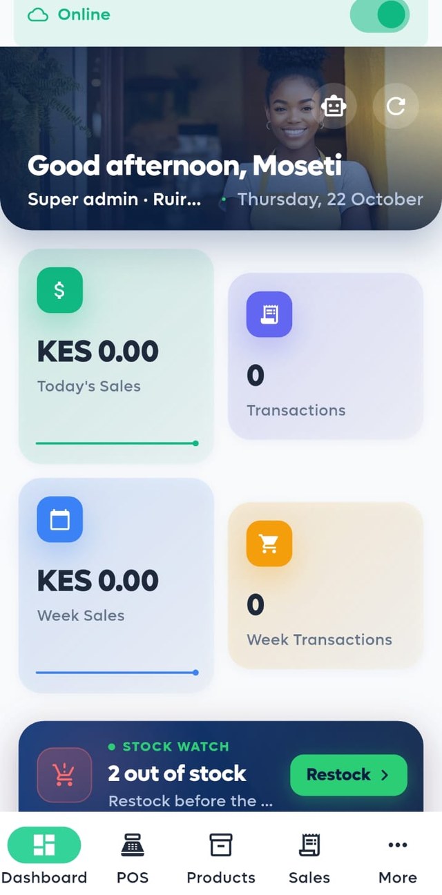 Mopos dashboard: today’s sales, week sales and a stock-watch banner