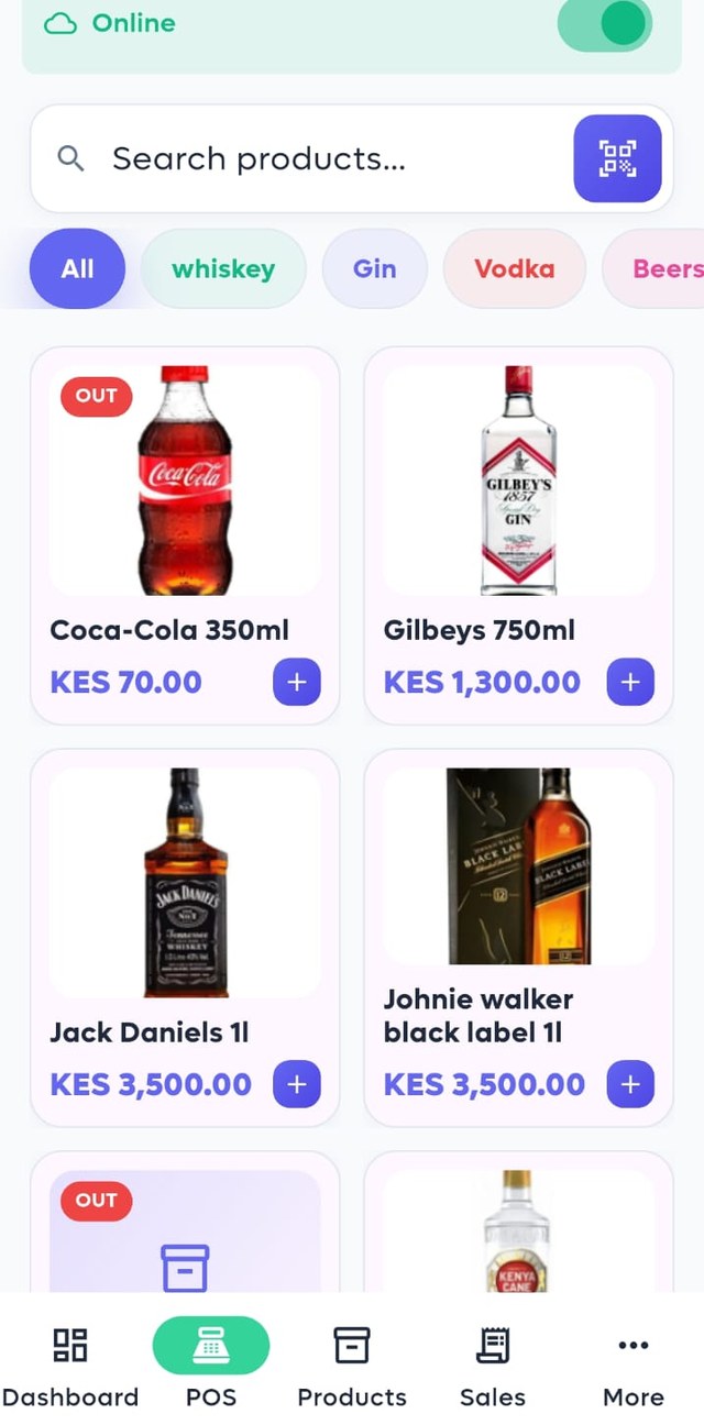 Point of sale grid with categories and product cards
